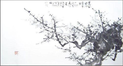 Black and White Original Chinese Plum Flower Painting    20 x 38 inches