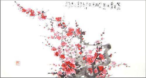 Winter Red Blooming Plum - Original Chinese Painting    20 x 38 inches
