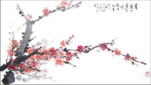 Original Chinese Painting -  Red Plum Blooming in Winter    20 x 36 inches