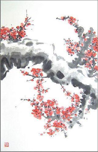 Original Chinese Painting - Blooming Red Plum in Winter  by Cao Feng    27 x 18 inches