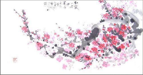 Original Chinese Painting - Pink Blooming Plum in Winter    20 x 38 inches