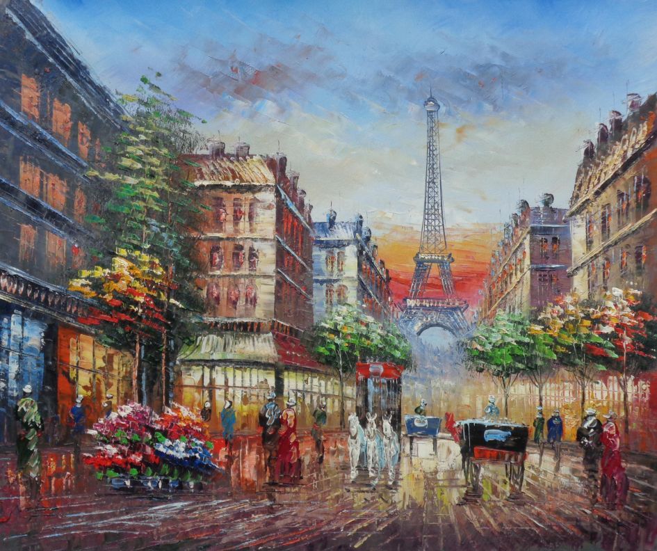 Oil painting Paris Street Scene impressionism landscape & Eiffel Tower in France 