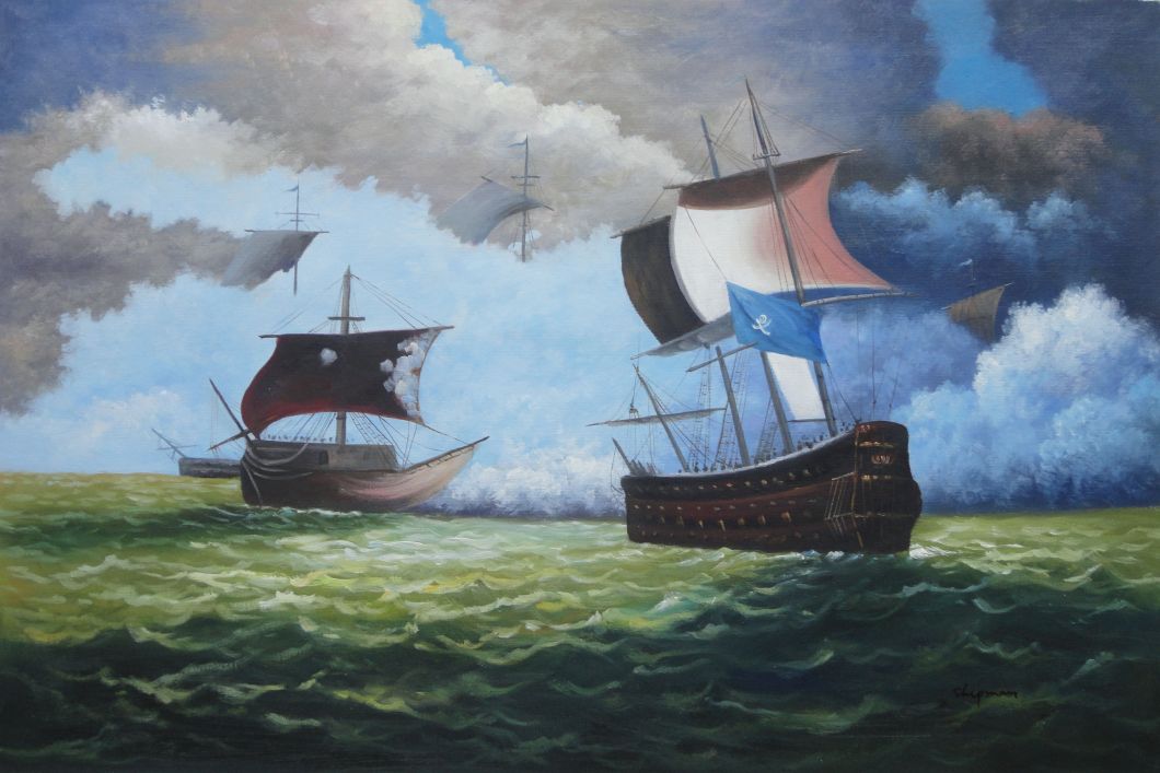 1800 Pirate Ships with Cannon Battle on Sea Oil Painting Boat