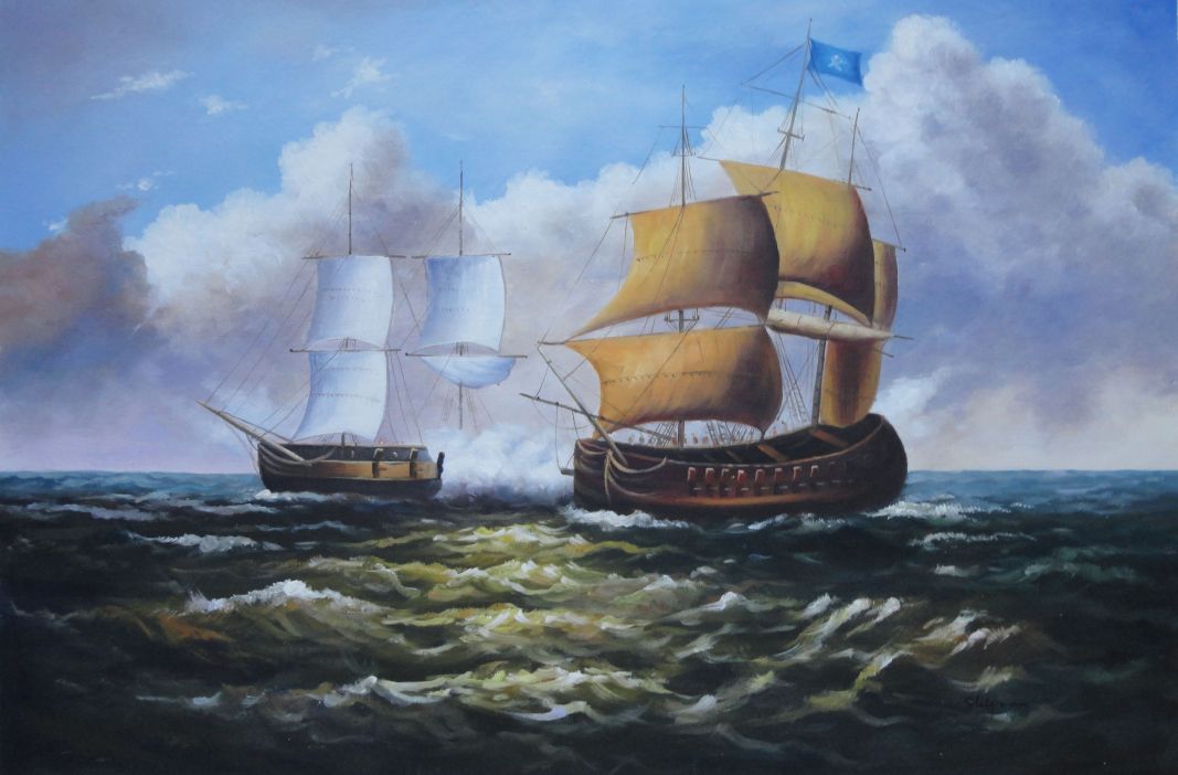 Caribbean Pirate Ship Attack Merchant Ship in Sea Oil Painting Boat  Clas`sic 24 x 36 Inches