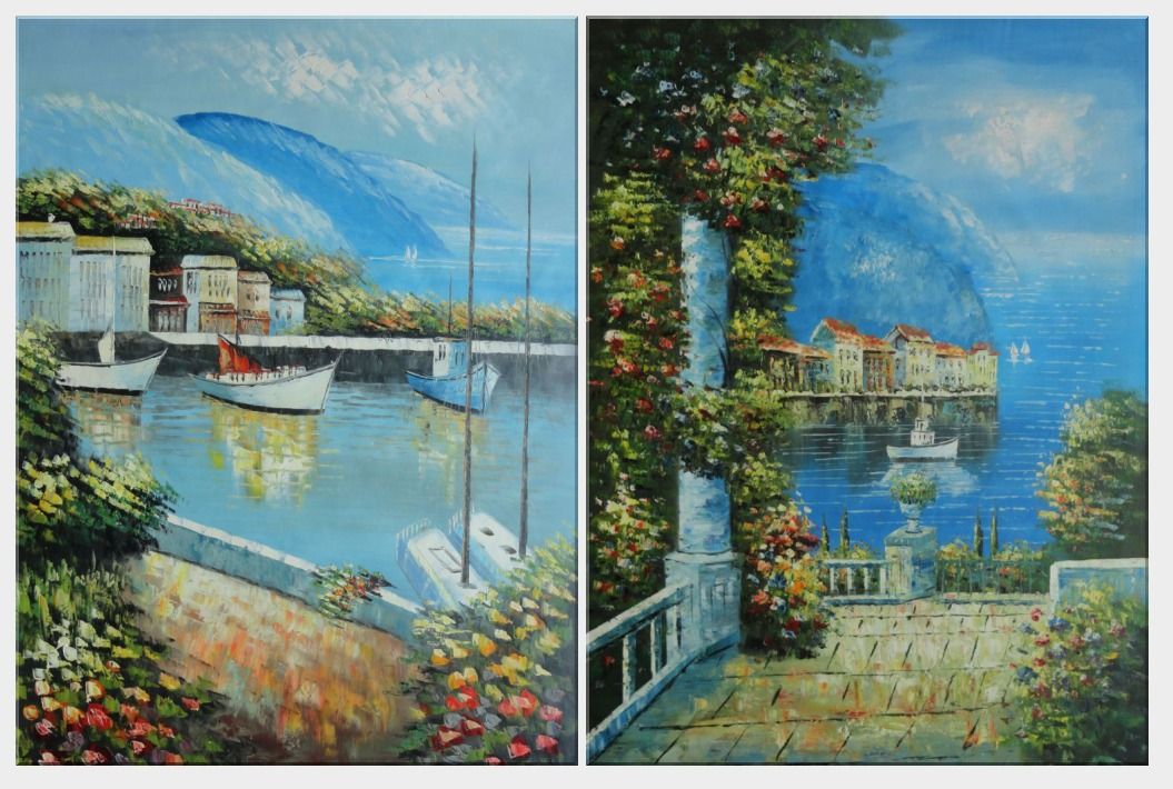48x72 Mediterranean Harhour and Villa 2 Canvas Set Oil Painting Naturalism