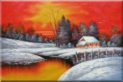 A Snow Coverd Cottage in Winter Forest at Christmas Sunset Oil Painting Landscape River Naturalism 24 x 36 inches