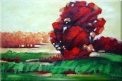 Modern Red Trees Surrounded by Green Field Oil Painting Landscape Impressionism 24 x 36 inches