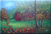 Red and Yellow Trees in Green Field Oil Painting Landscape Autumn Naturalism 24 x 36 inches