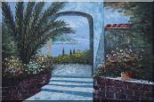View of of Mediterranean Sea through Arch Oil Painting Garden Naturalism 24 x 36 inches