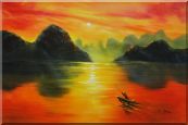 Small Boat at Amazing Red Sunset Oil Painting Landscape River Modern 24 x 36 inches