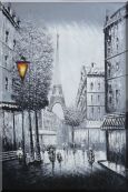 People Walk on Paris Street to Eiffel Tower, Black and White Oil Painting Cityscape Impressionism 36 x 24 inches