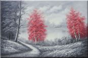 Two Red Leave Trees in Black and White Landscape Oil Painting Naturalism 24 x 36 inches