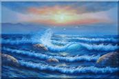 Sea Waves, Sea Birds, Rocks on Sunset Oil Painting Seascape Naturalism 24 x 36 inches