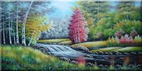 Beautiful Riverside Autumn Forest Scenery Oil Painting Landscape Naturalism 24 x 48 inches