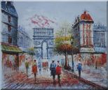 People Stroll Along Boulevard Near Arc de Triomphe Paris City at Dusk Oil Painting Cityscape France Impressionism 20 x 24 inches