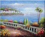 Beautiful Mediterranean Seaside Walk with Flowers Oil Painting Naturalism 20 x 24 inches