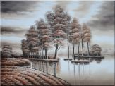 Trees and Reflections in a Light Brown Landscape Oil Painting Decorative 36 x 48 inches