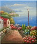 Mediterranean Seaside Walk with Flowers Oil Painting Naturalism 24 x 20 inches