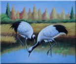 Pair of Red-Crowned Cranes Catch Fishes Pond Oil Painting Animal Bird Naturalism 20 x 24 inches
