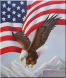 Bald Eagle Flying by American Flag Oil Painting Animal Naturalism 24 x 20 inches