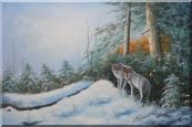 Pair of Wolves in Snow Forest Oil Painting Animal Wolf Naturalism 24 x 36 inches
