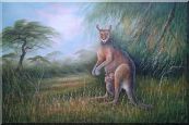 Mother Kangaroo and Two Kids Oil Painting Animal Naturalism 24 x 36 inches