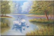 Swan Family in Tranquil Pond Oil Painting Animal Naturalism 24 x 36 inches