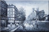 Black and White Paris Street with Notre Dame de Paris Oil Painting Cityscape Impressionism 24 x 36 inches