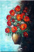 Red Fire Roses in Vase, Light Blue Background Oil Painting Flower Still Life Bouquet Naturalism 36 x 24 inches
