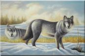Two Vigilant Wolves on Watch in Snow Wild Oil Painting Animal Wolf Naturalism 24 x 36 inches