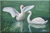 Two Lovely White Swans Playing in Lake Oil Painting Animal Naturalism 24 x 36 inches