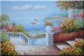 Gorgeous Italy Seashore Garden Patio Oil Painting Mediterranean Naturalism 24 x 36 inches