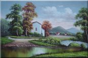 Small Creek In Front of Village Oil Painting Landscape River Classic 24 x 36 inches