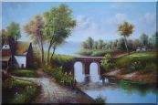 Small River Bridge in Front of Cottage Oil Painting Landscape Classic 24 x 36 inches
