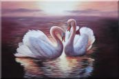 Two White Swans Enjoying Times On Golden Lake Oil Painting Animal Naturalism 24 x 36 inches