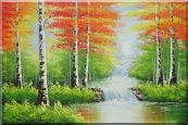 Double Waterfalls In Red Autumn Forest Oil Painting Landscape Tree Naturalism 24 x 36 inches