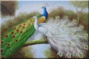 Green and White Peacocks On Branch Oil Painting Animal Naturalism 24 x 36 inches