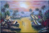 Hawaii Water Village Thatching Houses at Sunset Oil Painting Naturalism 24 x 36 inches