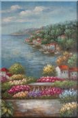 Mediterranean View from a Flower Garden Oil Painting Naturalism 36 x 24 inches