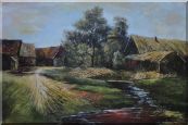 Old Rural Village, Cottage, Pile of Wood, Small Creek Oil Painting Classic 24 x 36 inches