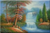 Small Cascade Waterfall with Tall Red Leaf Tree Autumn Scenery Oil Painting Landscape Naturalism 24 x 36 inches