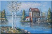 Water Wheel House On River Oil Painting Landscape Autumn Naturalism 24 x 36 inches