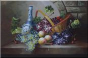 Still Life of Grapes, Peaches, Basket and Blue Pattern White Jar Oil Painting Fruit Classic 24 x 36 inches