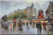 People Walk on Paris Street at Dusk Oil Painting Cityscape France Impressionism 24 x 36 inches