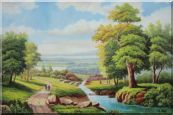 Walking on Village Road with Lake, Mountain and Old Trees Oil Painting Landscape River Classic 24 x 36 inches