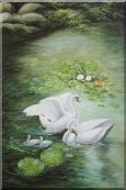 White Swan Family Enjoy Pleasant Spring Time On Lotus Pond Oil Painting Animal Naturalism 36 x 24 inches