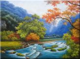 Water Stream in a Gorgeous Landscape with Mountain and Trees Oil Painting River Naturalism 36 x 48 inches