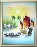 Beachside Palm Trees, Boats Under Golden Sunset Oil Painting Naturalism 20 x 16 inches