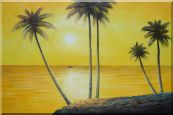 Beachside Palm Trees Under Golden Sunset Oil Painting Seascape America Naturalism 24 x 36 inches