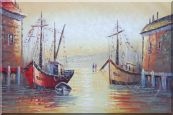 Fishing Boats Parks on Port Village Oil Painting Naturalism 24 x 36 inches